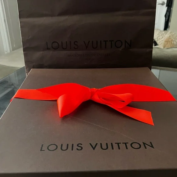 Louis Vuitton Dark Brown Box with Vibrant Red Ribbon